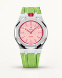 Mint green textile-effect strap for AP x Swatch Royal Pop Otto Rosso, silver case (crown at 12 o'clock)