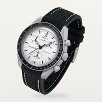 Black premium rubber strap with white stitching on MoonSwatch Mission 1965
