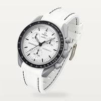 White premium rubber strap with black stitching on MoonSwatch Mission 1965