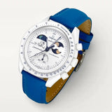 Blue leather strap on MoonSwatch Earthphase Moonshine Gold Cold Moon