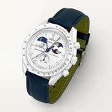 Navy blue leather strap on MoonSwatch Earthphase Moonshine Gold Cold Moon