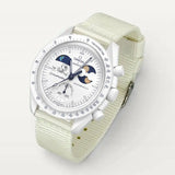 White NATO strap on MoonSwatch Earthphase Moonshine Gold Cold Moon