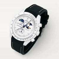 Black premium rubber strap with white stitching on MoonSwatch Earthphase Moonshine Gold Cold Moon
