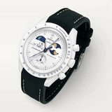 Black premium rubber strap with white stitching on MoonSwatch Earthphase Moonshine Gold Cold Moon
