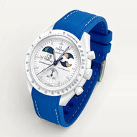Blue premium rubber strap with white stitching on MoonSwatch Earthphase Moonshine Gold Cold Moon