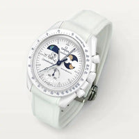 White clip-on premium rubber strap on MoonSwatch Earthphase Moonshine Gold Cold Moon