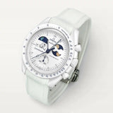 White clip-on premium rubber strap on MoonSwatch Earthphase Moonshine Gold Cold Moon
