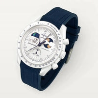 Navy blue premium rubber strap on MoonSwatch Earthphase Moonshine Gold Cold Moon