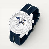 Navy blue premium rubber strap with white contrast band on MoonSwatch Earthphase Moonshine Gold Cold Moon