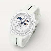 White premium rubber strap with black contrast band on MoonSwatch Earthphase Moonshine Gold Cold Moon