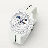 White premium rubber strap with black contrast band on MoonSwatch Earthphase Moonshine Gold Cold Moon