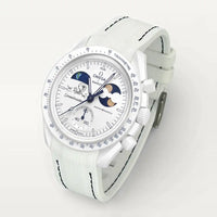 White premium rubber strap with black stitching on MoonSwatch Earthphase Moonshine Gold Cold Moon
