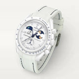 White premium rubber strap with black stitching on MoonSwatch Earthphase Moonshine Gold Cold Moon