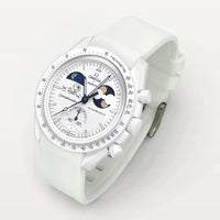 White premium rubber strap on MoonSwatch Earthphase Moonshine Gold Cold Moon