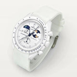 White premium rubber strap on MoonSwatch Earthphase Moonshine Gold Cold Moon