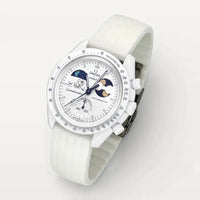White ribbed rubber strap on MoonSwatch Earthphase Moonshine Gold Cold Moon