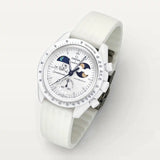 White ribbed rubber strap on MoonSwatch Earthphase Moonshine Gold Cold Moon