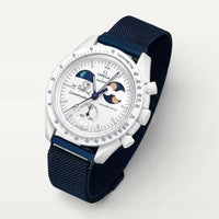 Navy blue designer steel strap on MoonSwatch Earthphase Moonshine Gold Cold Moon
