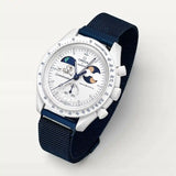 Navy blue designer steel strap on MoonSwatch Earthphase Moonshine Gold Cold Moon