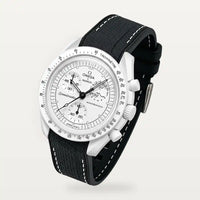 Black premium rubber strap with white stitching on MoonSwatch Full Moon Snoopy