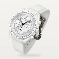 Bracelet caoutchouc premium à clips blanc sur MoonSwatch Full Moon Snoopy