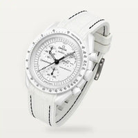 White premium rubber strap with black stitching on MoonSwatch Full Moon Snoopy