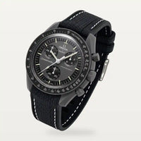 Black premium rubber strap with white stitching on MoonSwatch Mission to Mercury