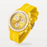 Bracelet caoutchouc premium 1 bande jaune à bande blanche sur MoonSwatch Mission to the Sun