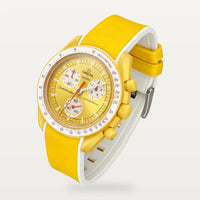 Bracelet caoutchouc premium bicolore jaune et blanc sur MoonSwatch Mission to the Sun