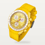 Bracelet caoutchouc premium jaune et blanc sur MoonSwatch Mission to the Sun