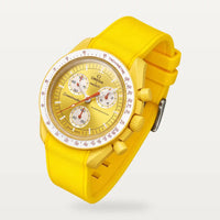 Bracelet caoutchouc premium jaune sur MoonSwatch Mission to the Sun