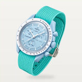 Cyan premium canvas strap on MoonSwatch Mission to Uranus