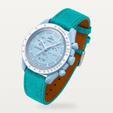 Cyan light leather strap on MoonSwatch Mission to Uranus