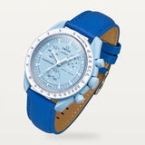 Blue plain leather strap on MoonSwatch Mission to Uranus