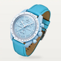Cyan blue plain leather strap on MoonSwatch Mission to Uranus