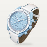White plain leather strap with blue stitching on MoonSwatch Mission to Uranus