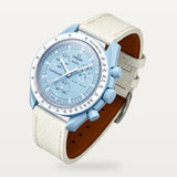 White textured leather strap on MoonSwatch Mission to Uranus