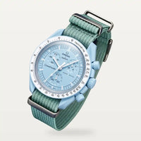Light blue NATO strap on MoonSwatch Mission to Uranus