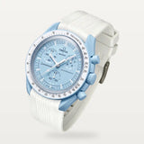 White designer rubber strap on MoonSwatch Mission to Uranus