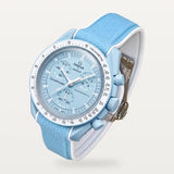 Light blue and white clip-on premium rubber strap on MoonSwatch Mission to Uranus