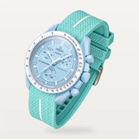 Light blue single-band premium rubber strap with white contrast band on MoonSwatch Mission to Uranus