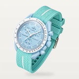 Light blue single-band premium rubber strap with white contrast band on MoonSwatch Mission to Uranus