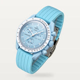 Cyan ribbed rubber strap on MoonSwatch Mission to Uranus