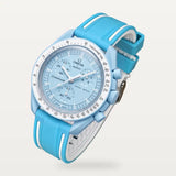 Light blue and white two-band rubber strap on MoonSwatch Mission to Uranus