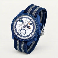 Navy blue premium canvas strap with grey stripes on MoonSwatch Earthphase Moonshine Gold