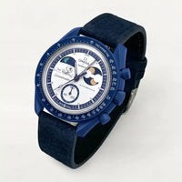 Navy blue leather strap on MoonSwatch Earthphase Moonshine Gold