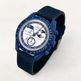Navy blue leather strap on MoonSwatch Earthphase Moonshine Gold