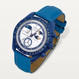 Blue leather strap on MoonSwatch Earthphase Moonshine Gold