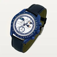 Navy blue leather strap on MoonSwatch Earthphase Moonshine Gold