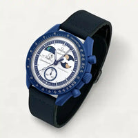 Navy blue smooth leather strap on MoonSwatch Earthphase Moonshine Gold